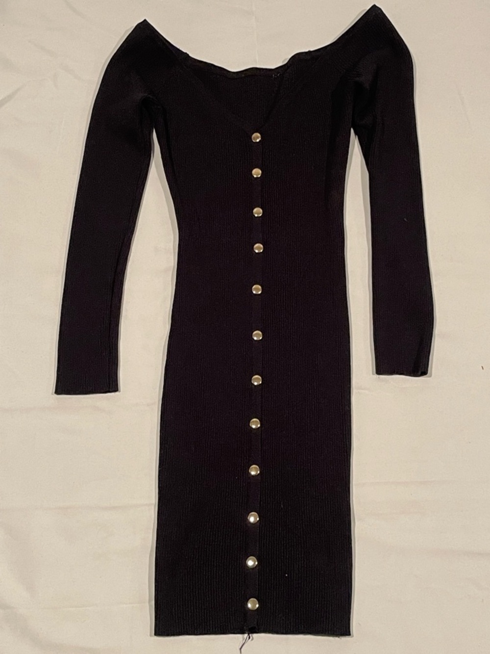 Akira (Without Tag) Black Long Sleeve Button-Front Ribbed Knit Dress